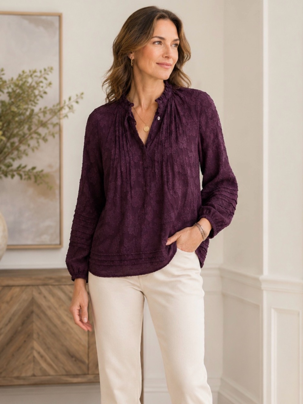 J. Jill Plum Floral Jacquard Blouse Petite Small | Boho Pleated Lightweight Top